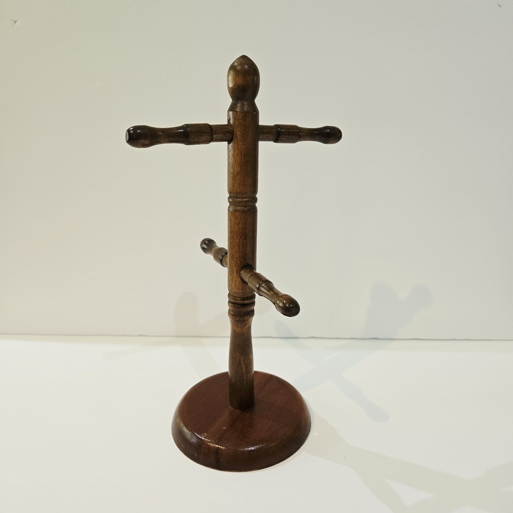 Vintage Wooden Mug Tree Coffee Cup Holder 4 Peg Turned Wood 10 3/4"